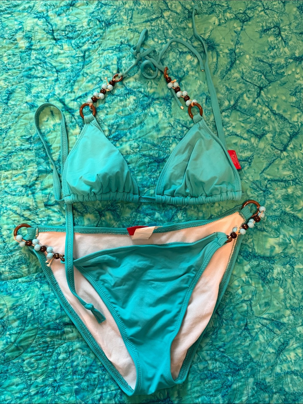 Hot Kiss Turquoise Two-Piece Bikini with Bead Accents